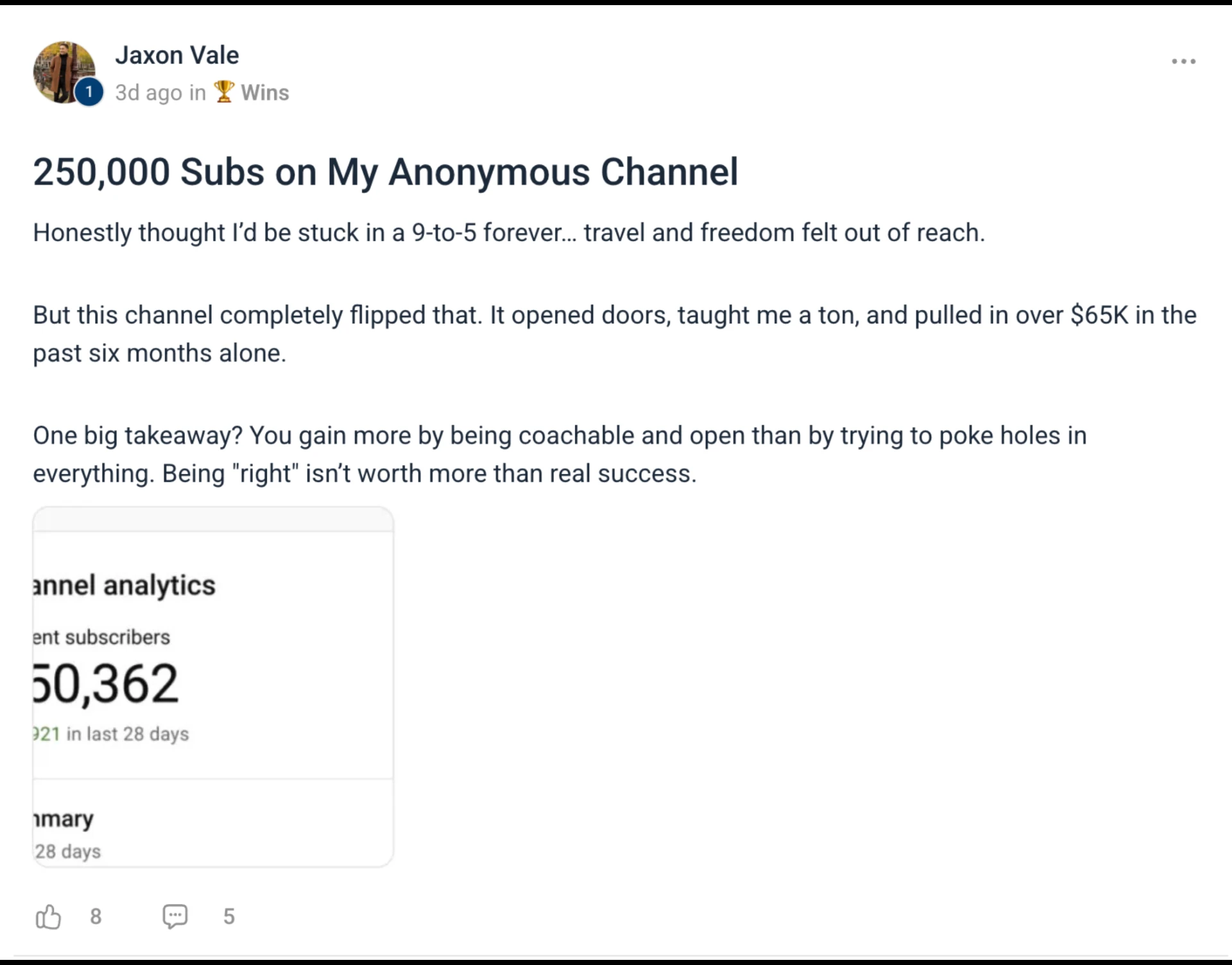 Jaxon Vale community post: 250,000 subscribers on an anonymous channel and over $65K in six months