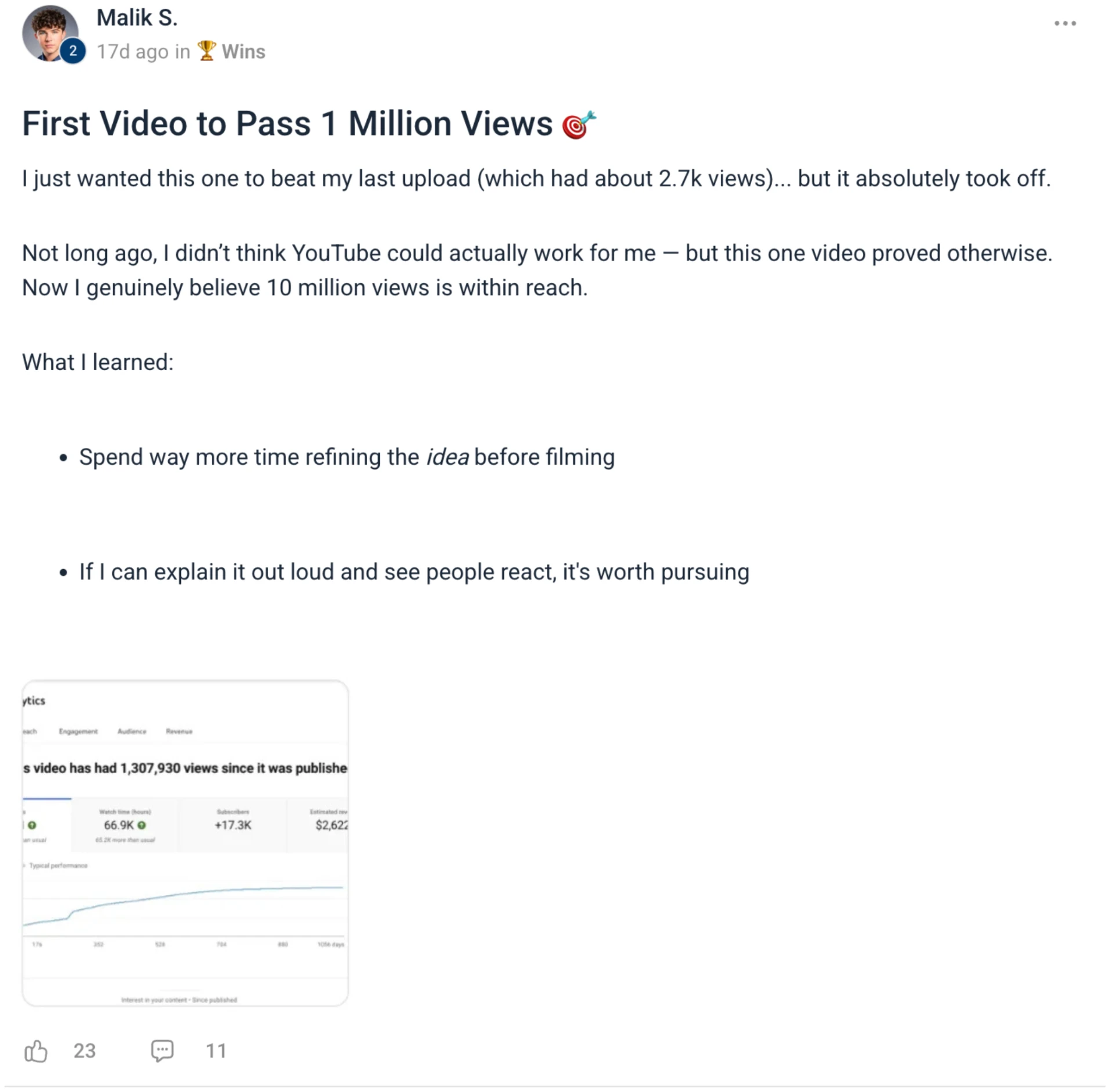 Malik S. community post: first video to pass 1 million views, with 1,307,930 views and 66.9K watch hours
