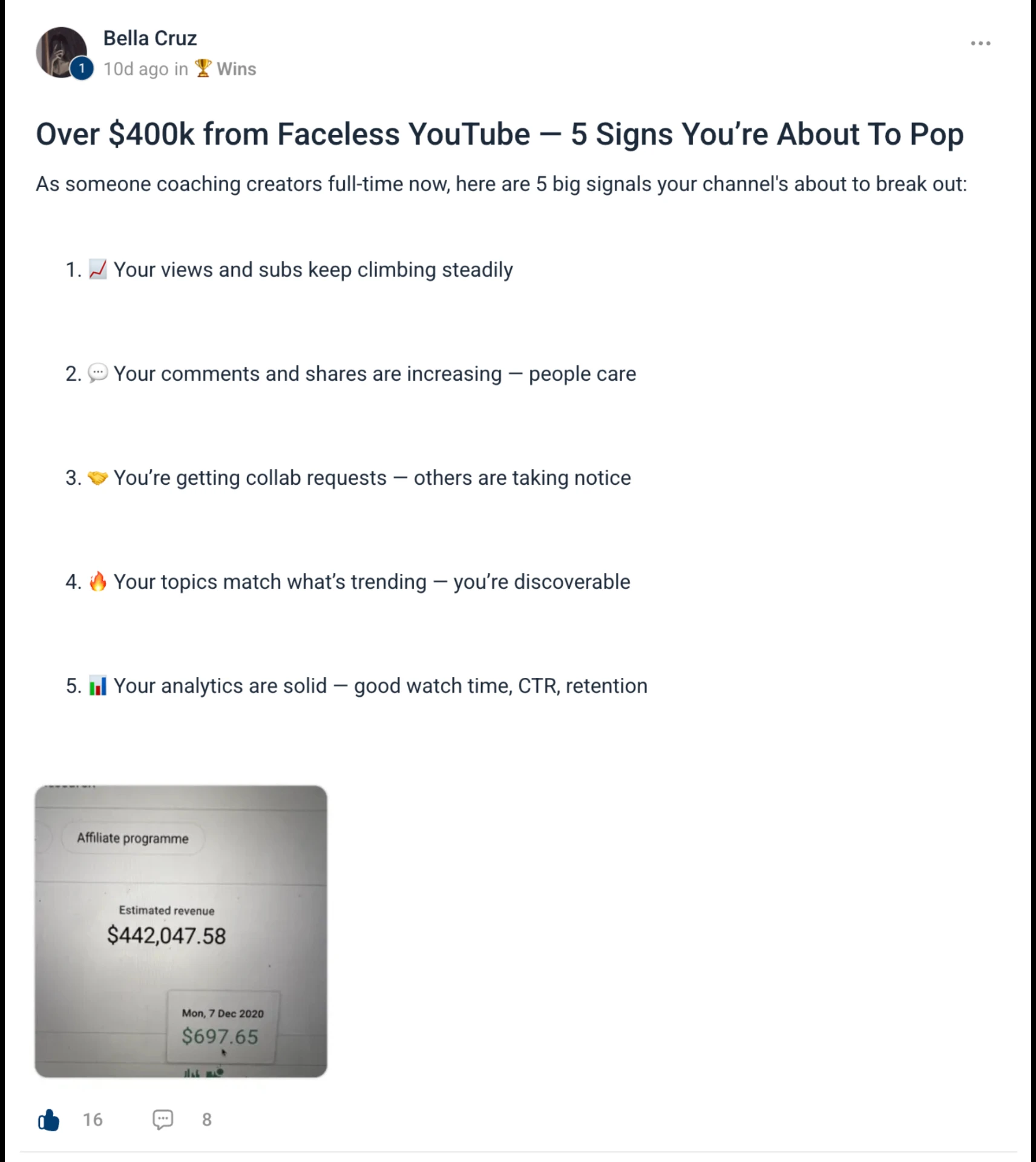 Bella Cruz community post: over $400k from faceless YouTube, with an estimated revenue figure of $442,047.58
