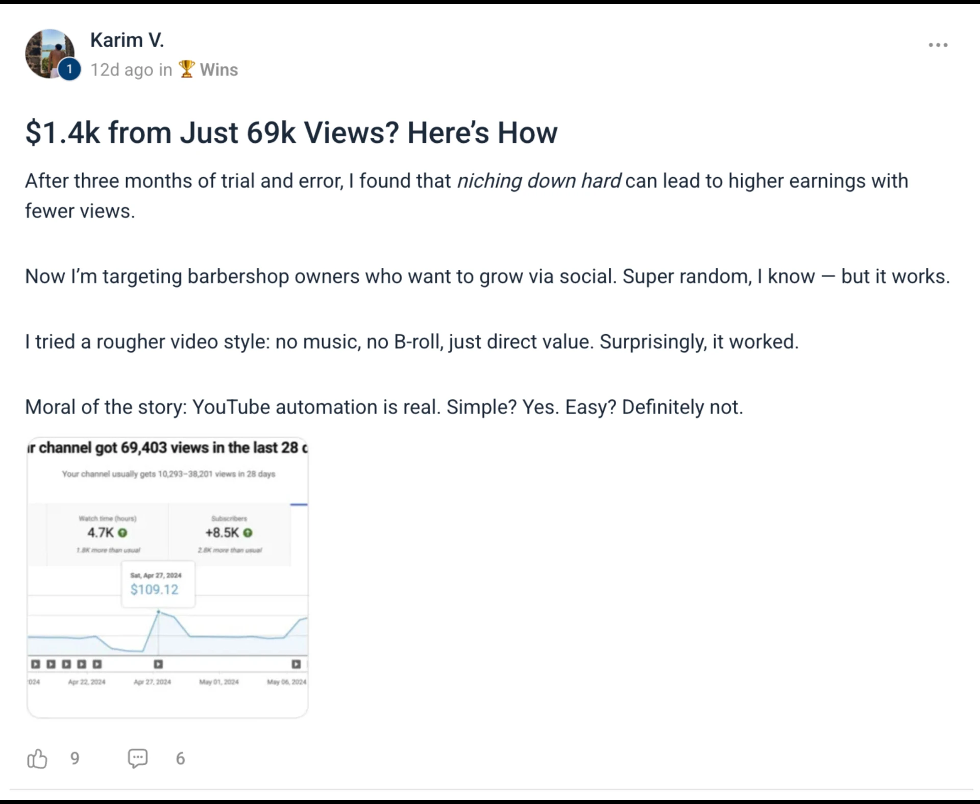 Karim V. community post: $1.4k from just 69k views, with 4.7K watch hours and 8.5K new subscribers
